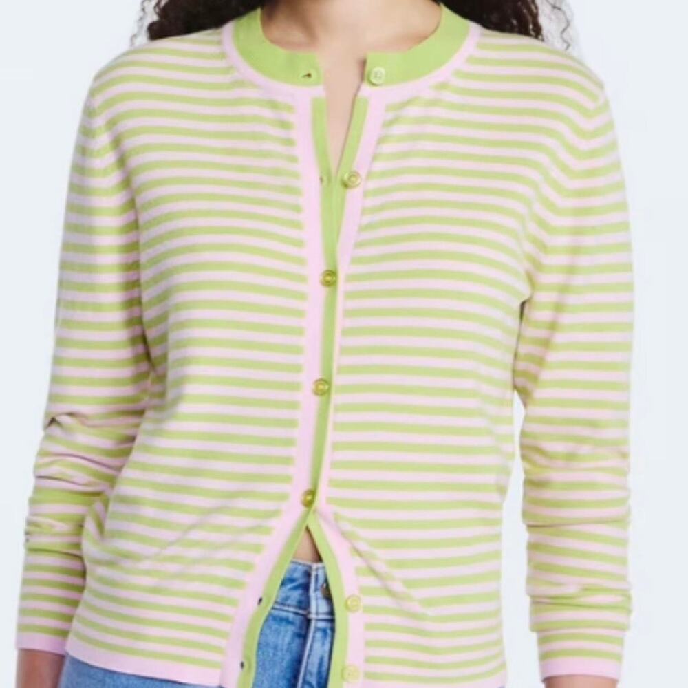 Free assembly green and pink striped cardigan